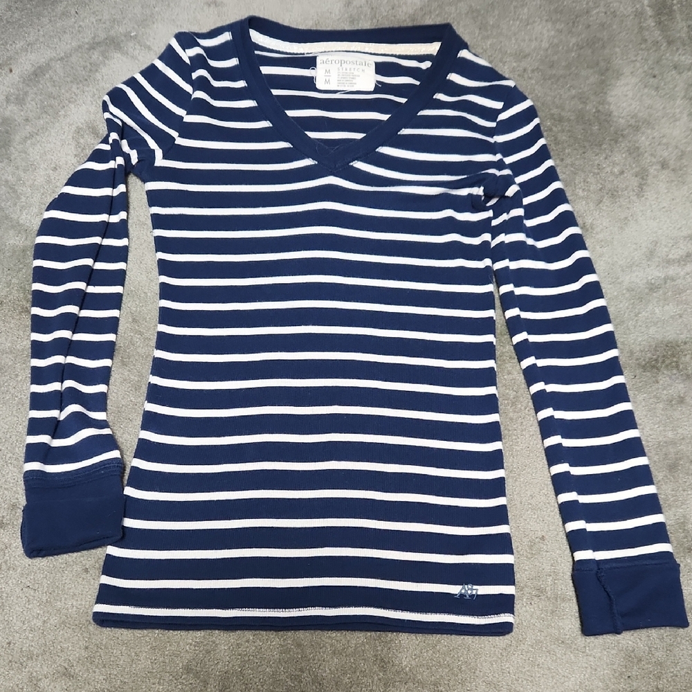 Aeropostale Navy and White Striped V-Neck Top